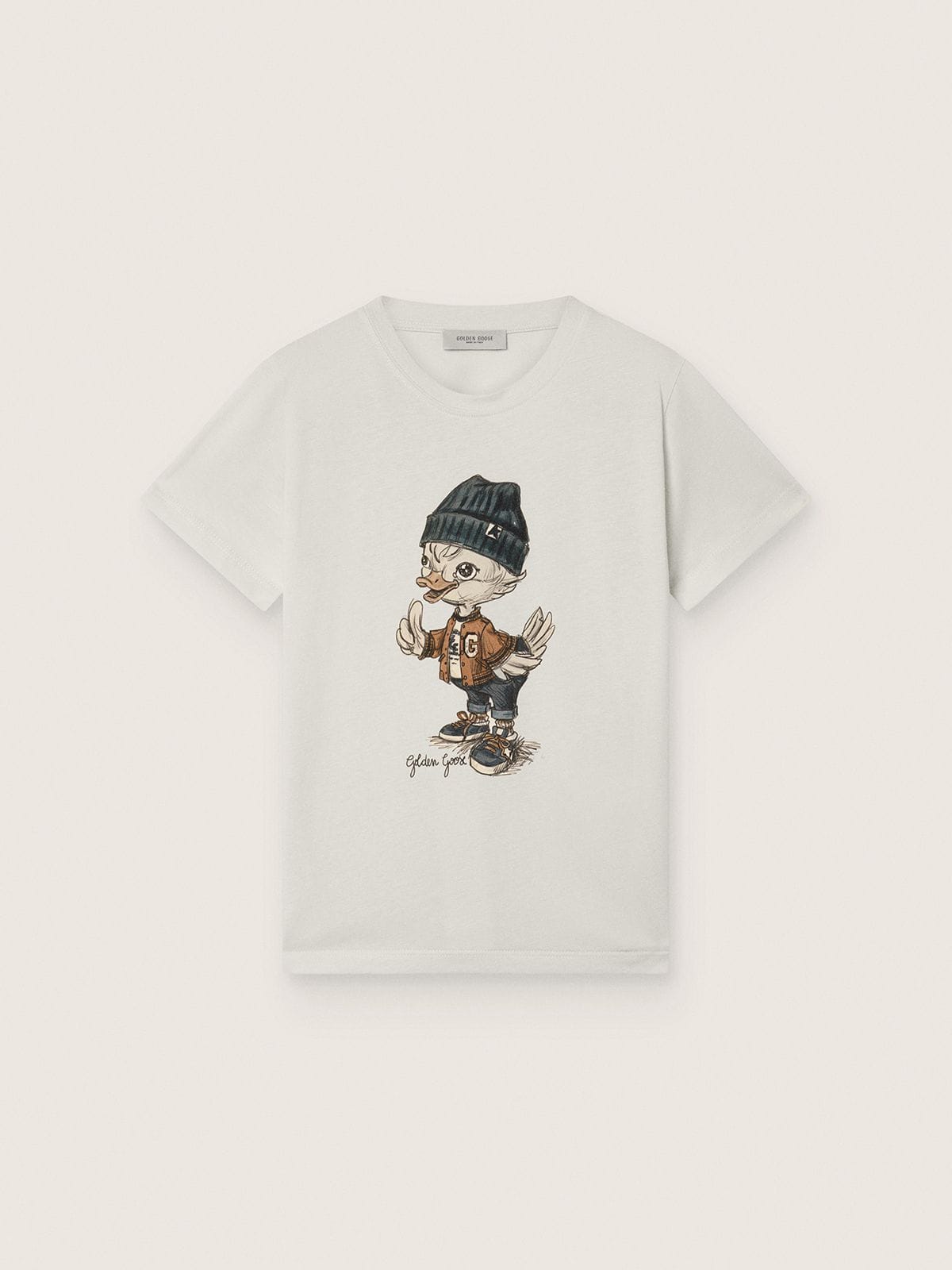 Journey T-shirt for boys in white cotton jersey with digital mascot print
