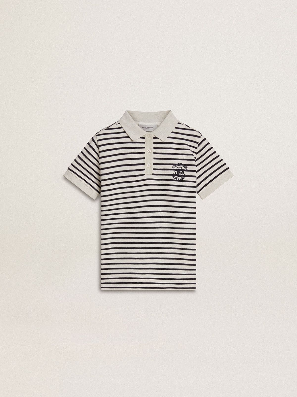 Boys' white cotton polo with navy blue stripes and embroidery
