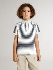 Boys' white cotton polo with navy blue stripes and embroidery
