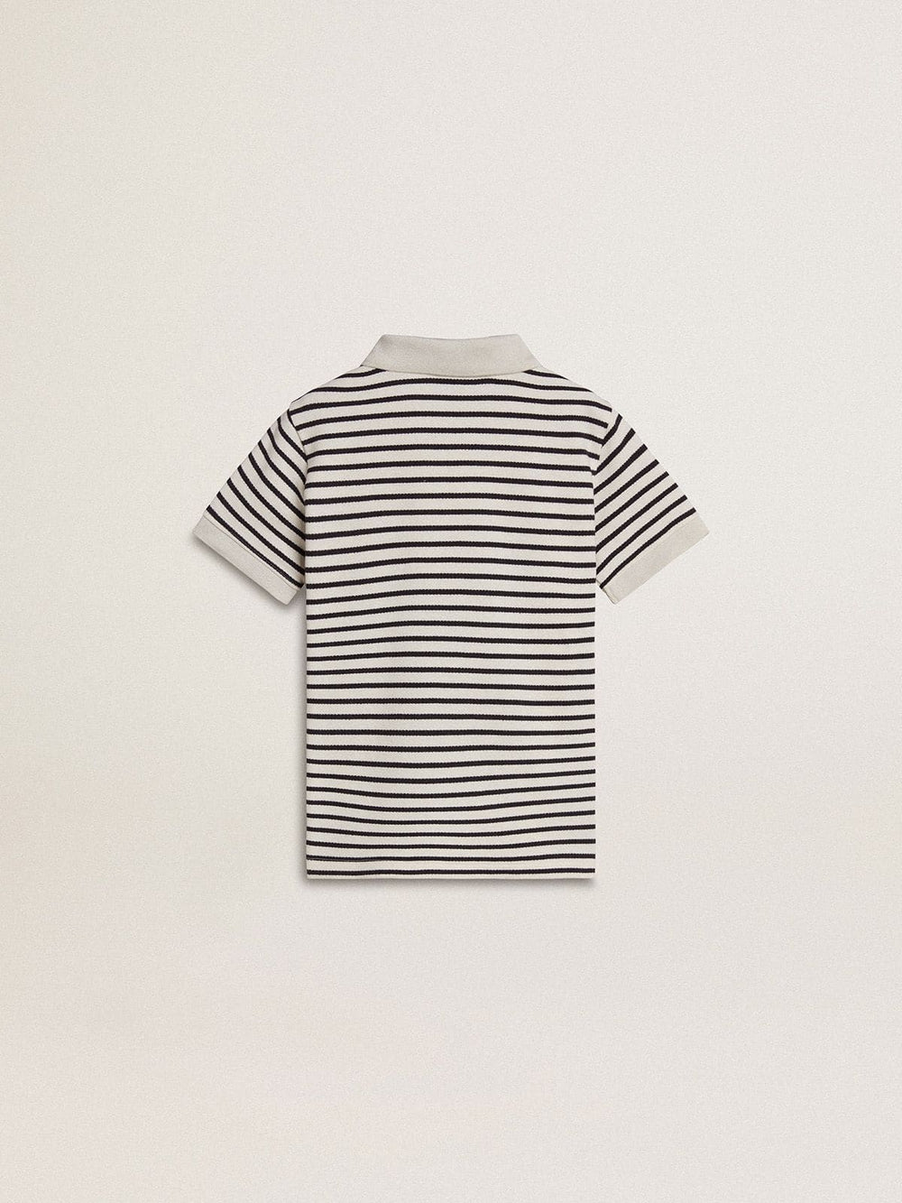 Boys' white cotton polo with navy blue stripes and embroidery