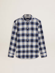 Boys' blue and white checked shirt with print on the back