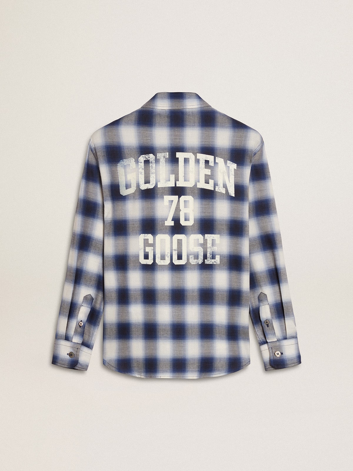 Boys' blue and white checked shirt with print on the back