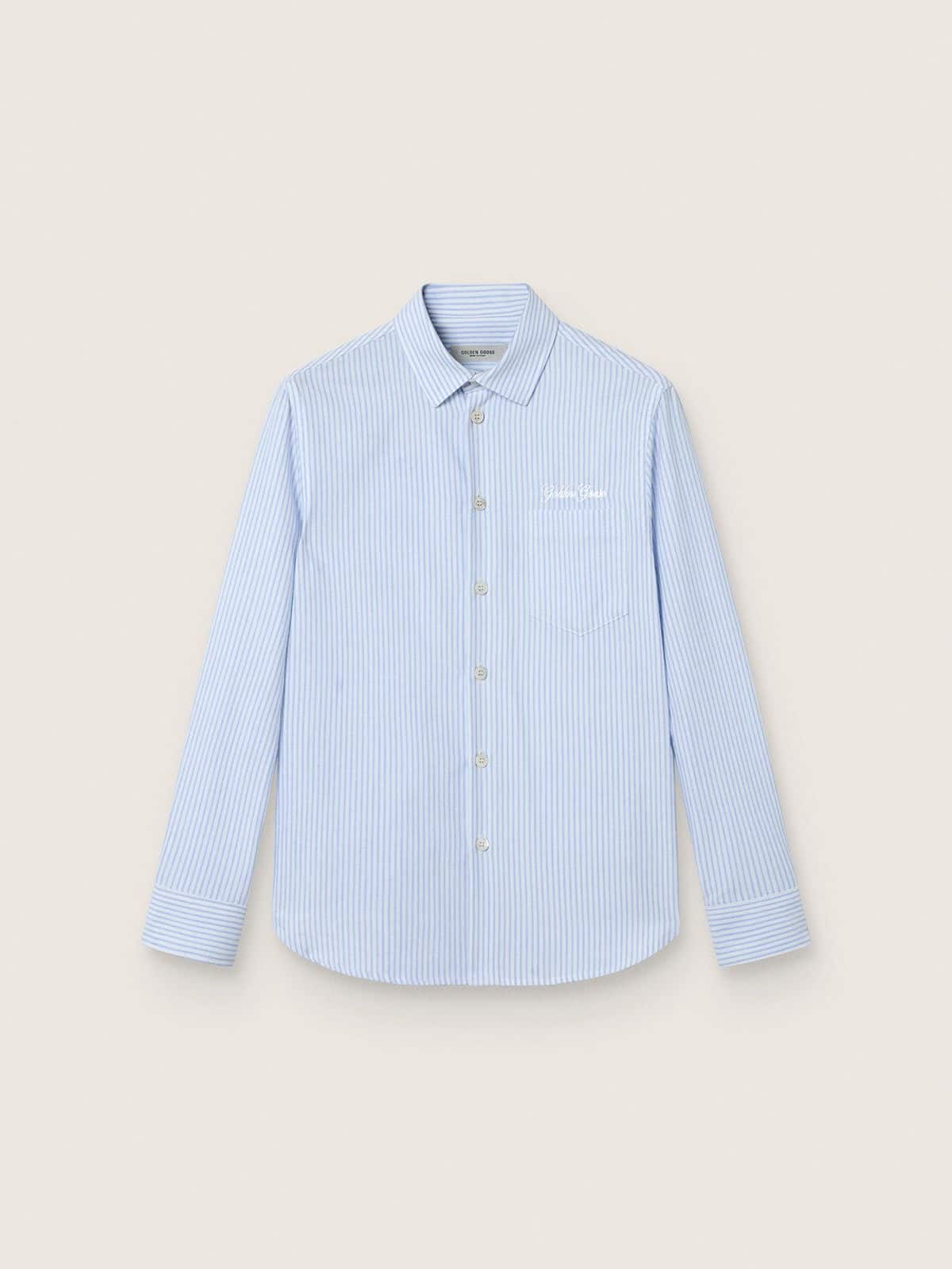 Boys' shirt in light blue and white striped cotton with embroidered logo