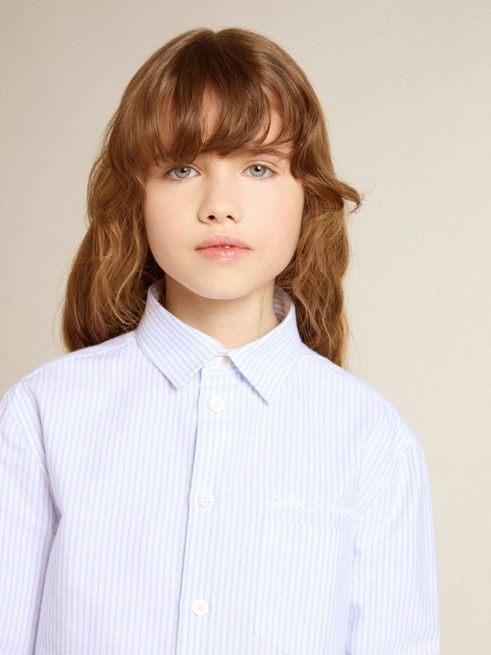 Boys' shirt in light blue and white striped cotton with embroidered logo