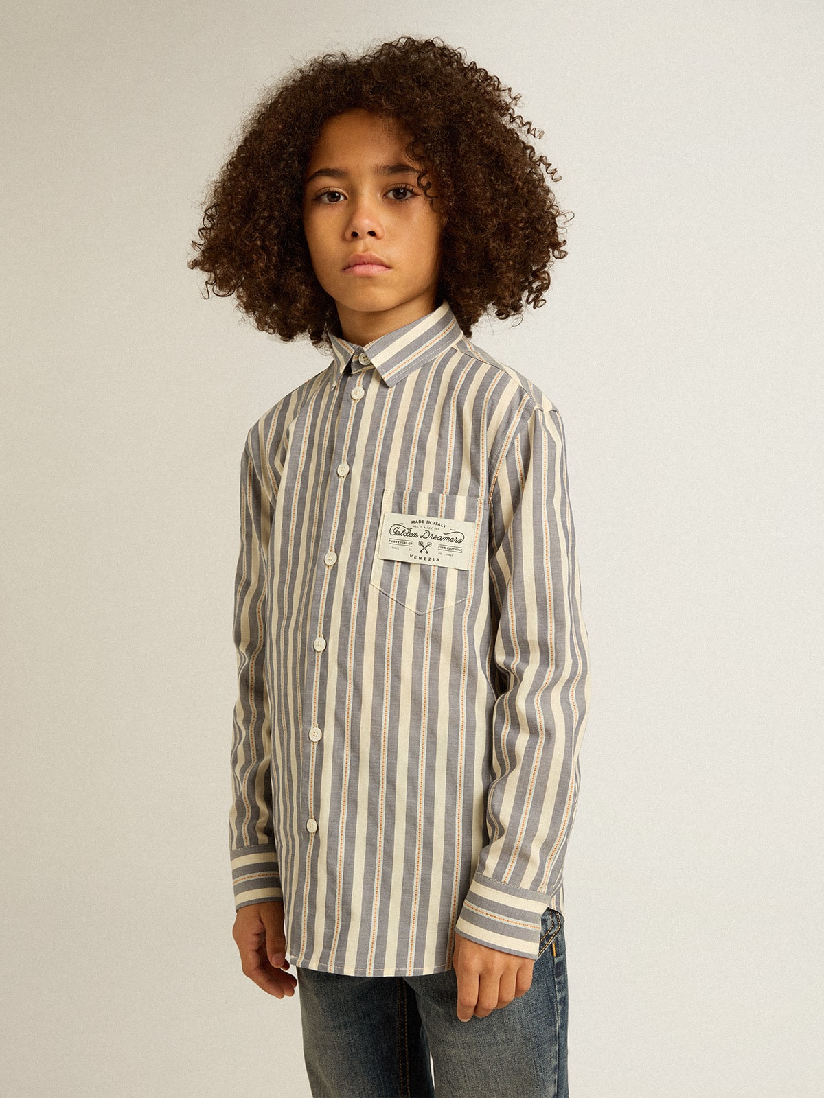 Boys' striped shirt with Golden Dreamers detail on the pocket