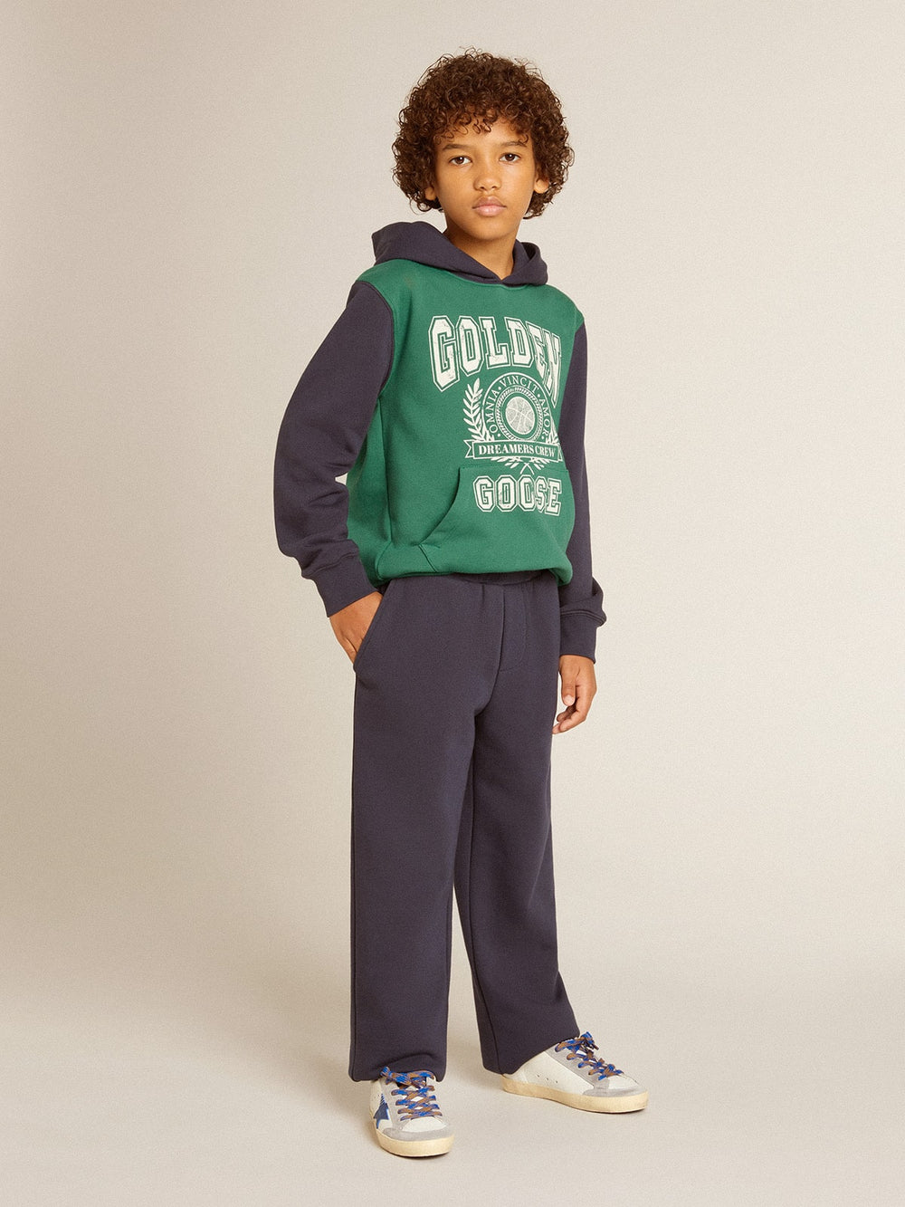 Boys' green and blue sweatshirt with hood and print