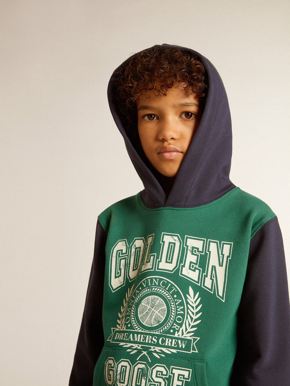 Boys' green and blue sweatshirt with hood and print
