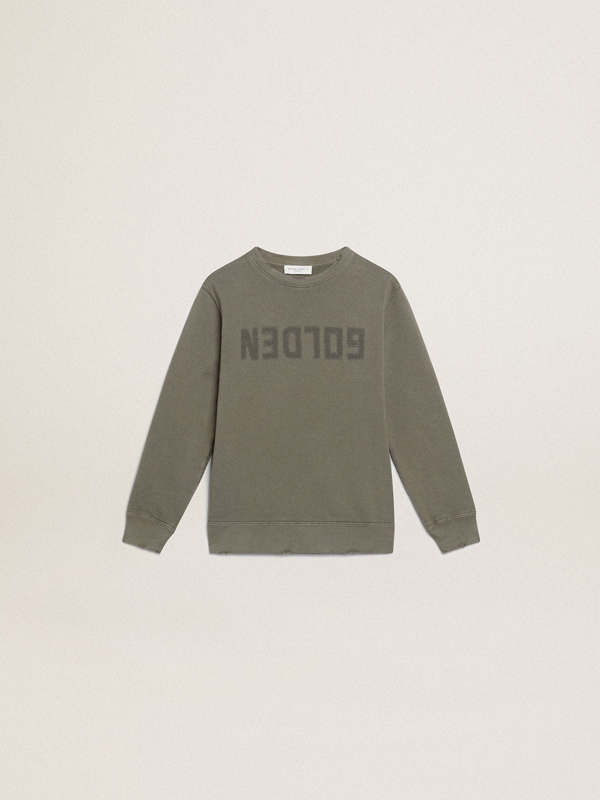 Distressed olive-green sweatshirt with Golden lettering on the front