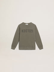 Distressed olive-green sweatshirt with Golden lettering on the front