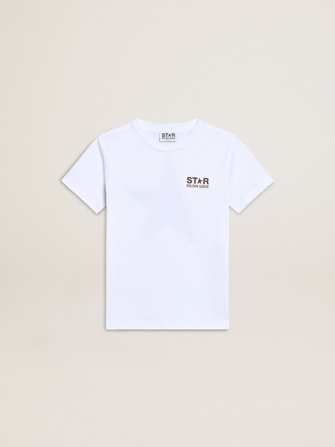 Boys' white T-shirt with contrasting dark green logo and star