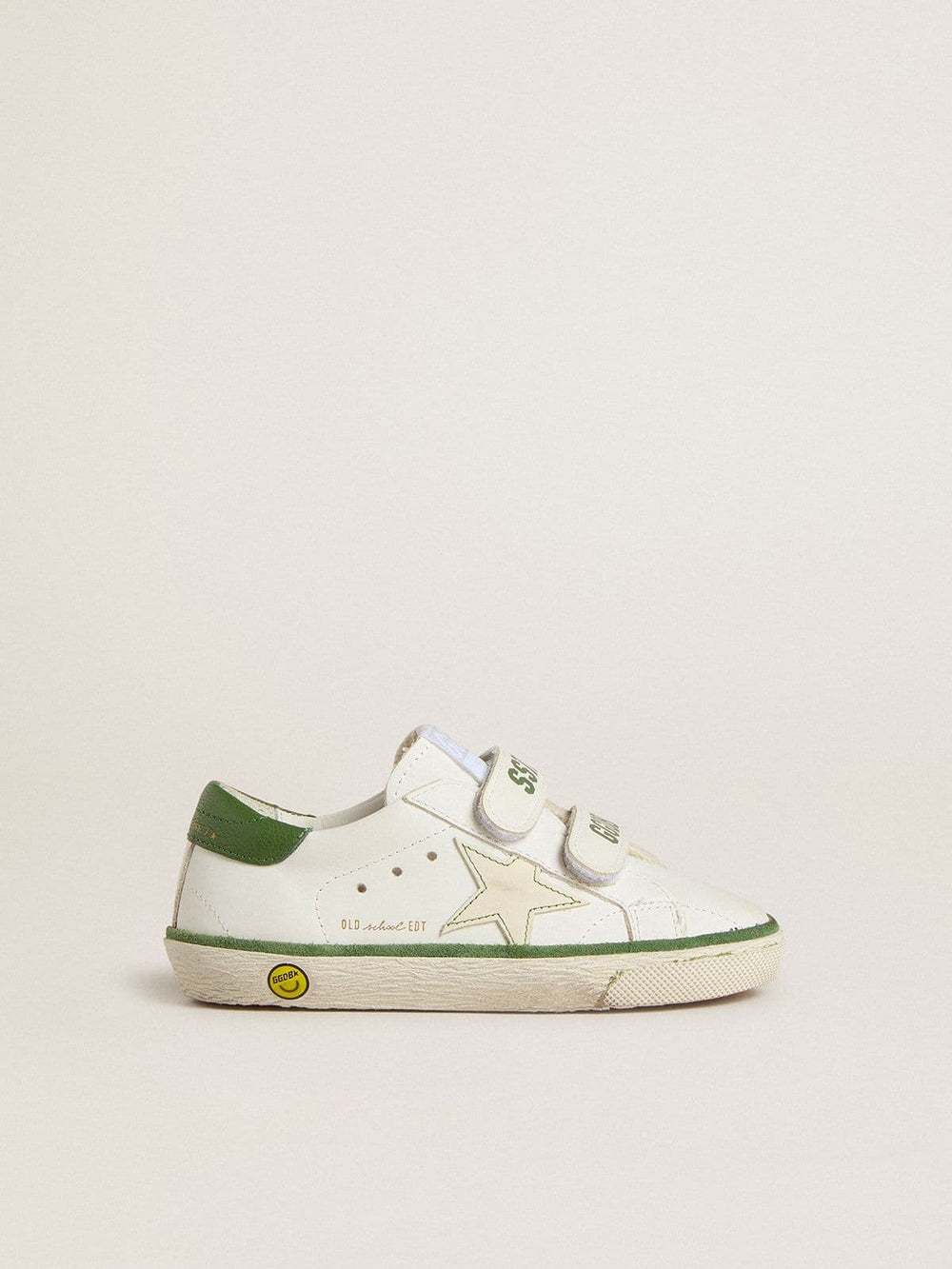 Junior Old School in white leather with green nappa heel tab and green insert
