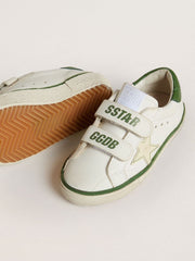 Junior Old School in white leather with green nappa heel tab and green insert
