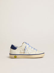 Junior Super-Star in white leather with blue suede heel tab