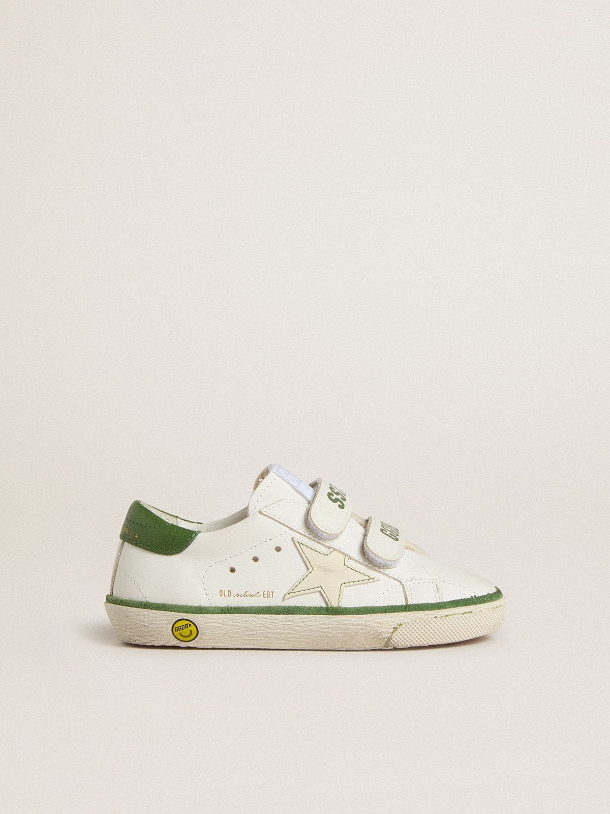 Young Old School in white leather with green nappa heel tab and green insert