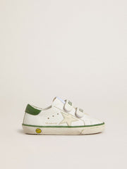 Young Old School in white leather with green nappa heel tab and green insert