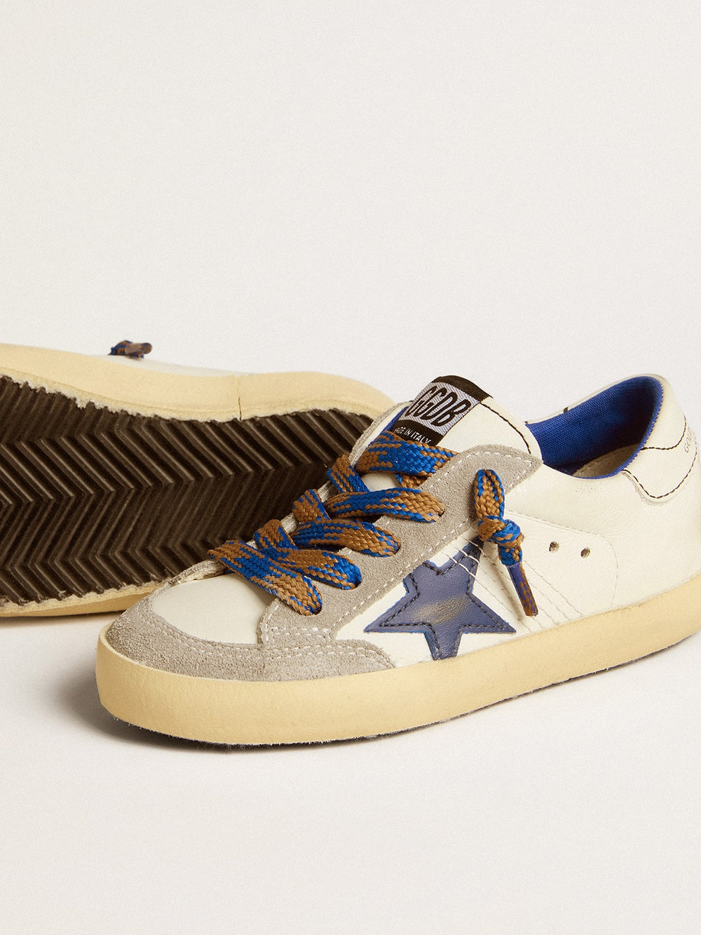 Super-Star Young with blue leather star and ice-gray suede inserts