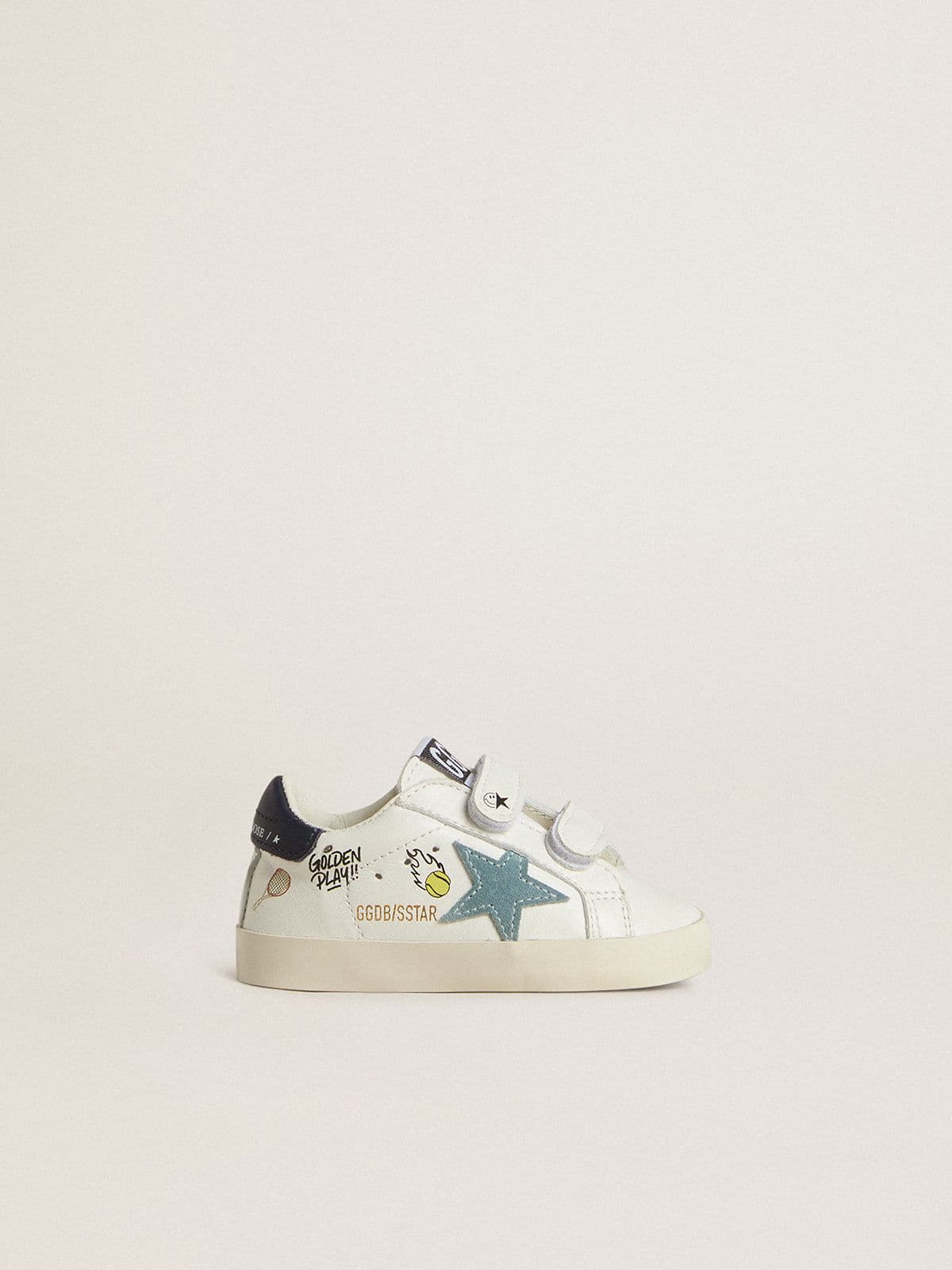 Baby School in white nappa with light blue suede star and tennis motif