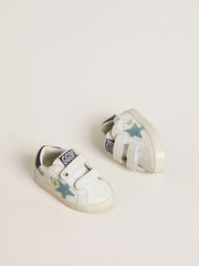 Baby School in white nappa with light blue suede star and tennis motif